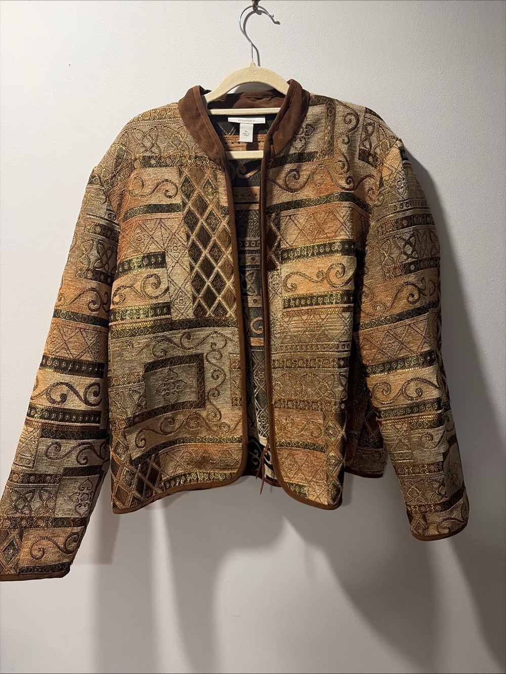 Brown Tapestry Geometric Metallic Gold Button Front Jacket Western XL